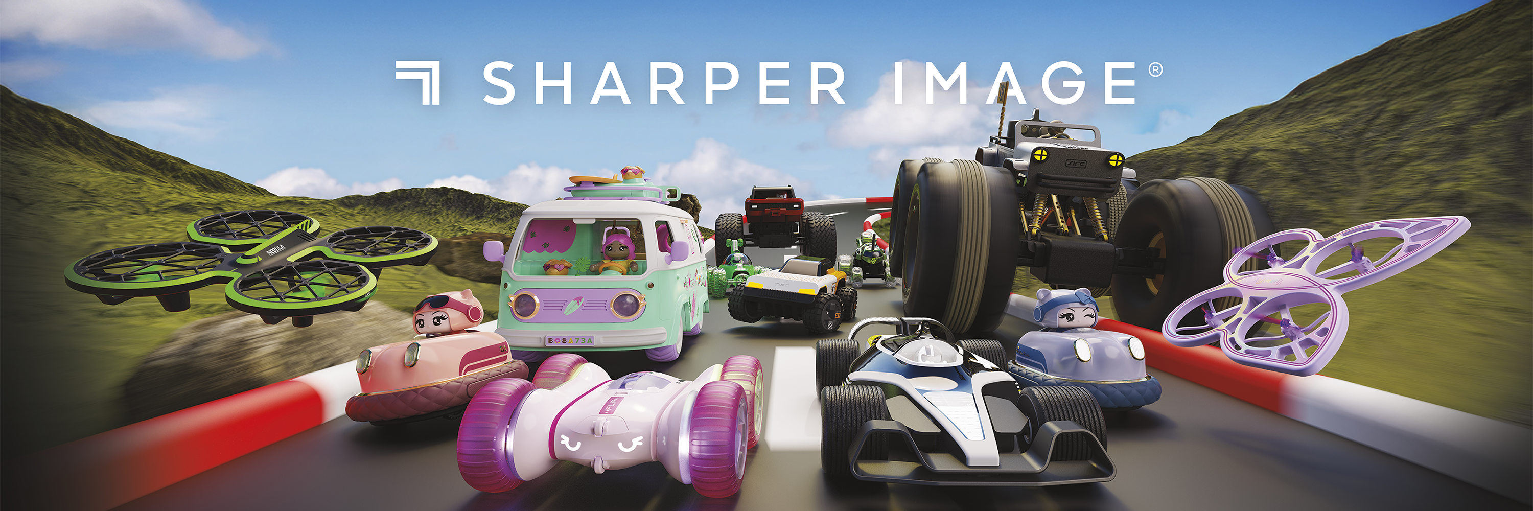Model cars on a track with 'Sharper Image' logo above