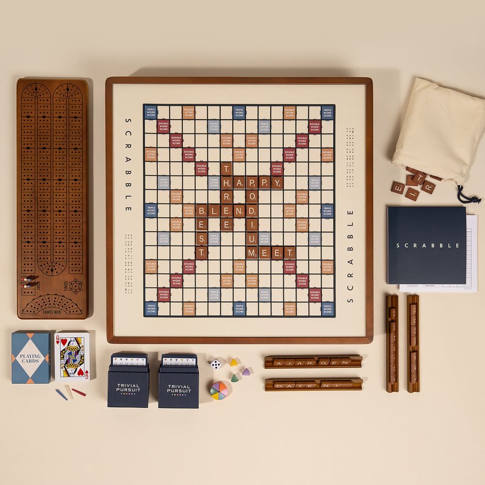WS Game Company - 3-in-1 Premium Game Collection Scrabble Trivial Pursuit and Cribbage - Games