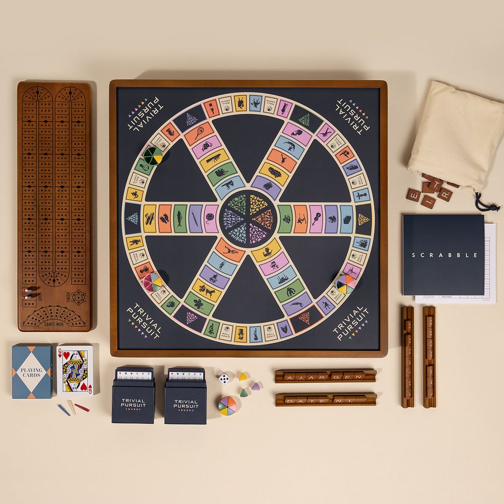 WS Game Company - 3-in-1 Premium Game Collection Scrabble Trivial Pursuit and Cribbage - Games