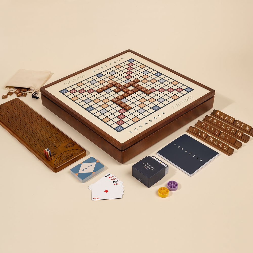 WS Game Company - 3-in-1 Premium Game Collection Scrabble Trivial Pursuit and Cribbage - Games