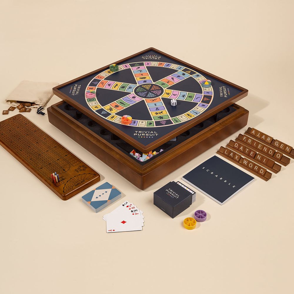 WS Game Company - 3-in-1 Premium Game Collection Scrabble Trivial Pursuit and Cribbage - Games