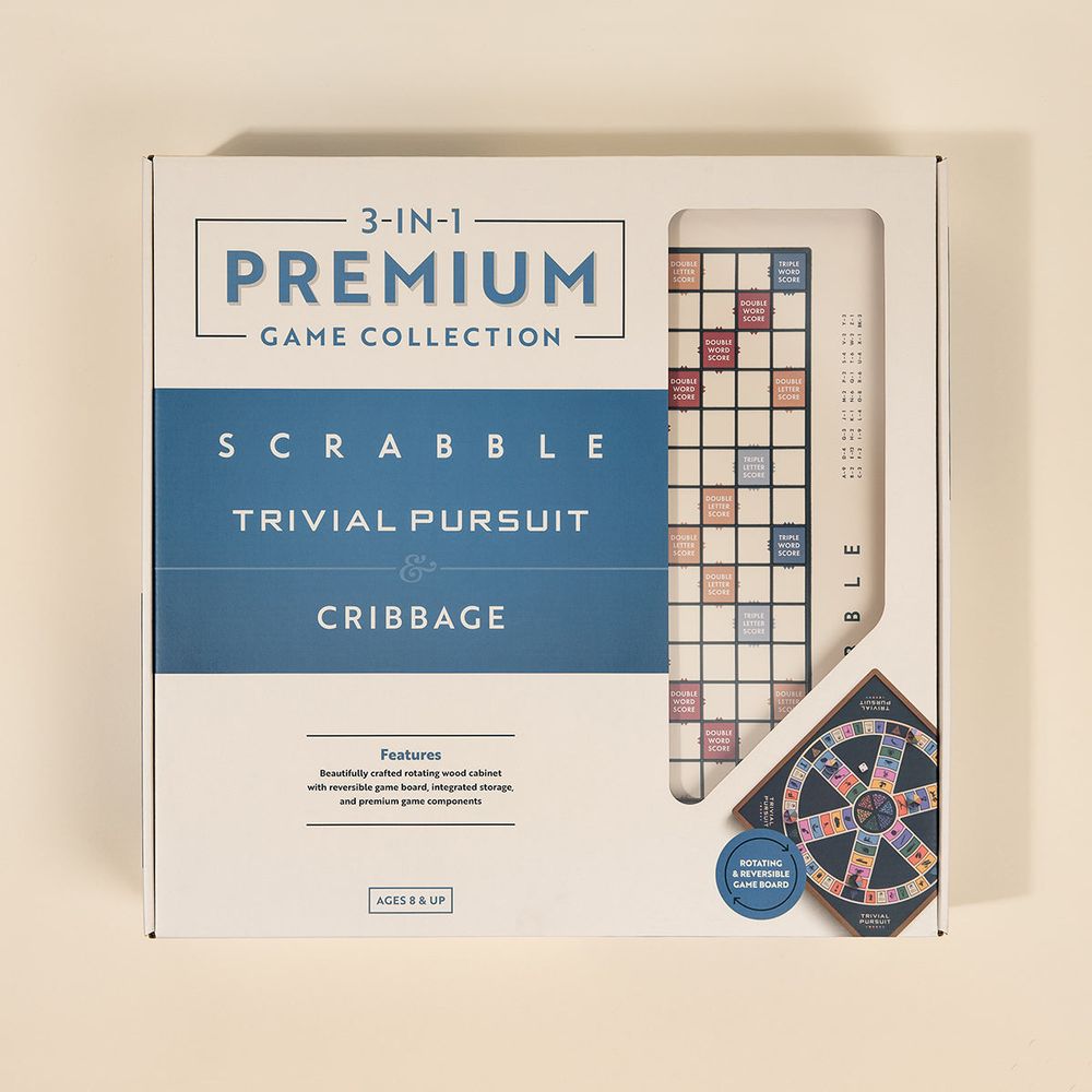 WS Game Company - 3-in-1 Premium Game Collection Scrabble Trivial Pursuit and Cribbage - Games