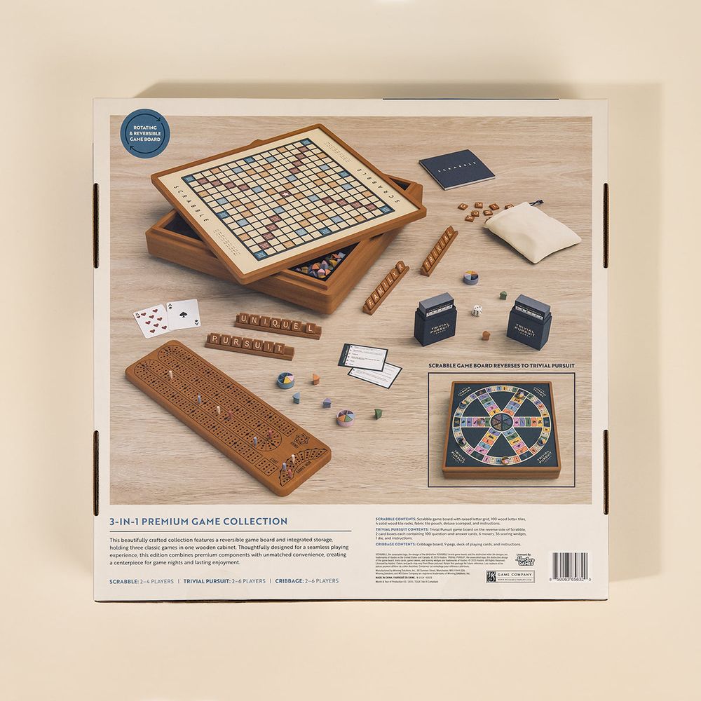 WS Game Company - 3-in-1 Premium Game Collection Scrabble Trivial Pursuit and Cribbage - Games