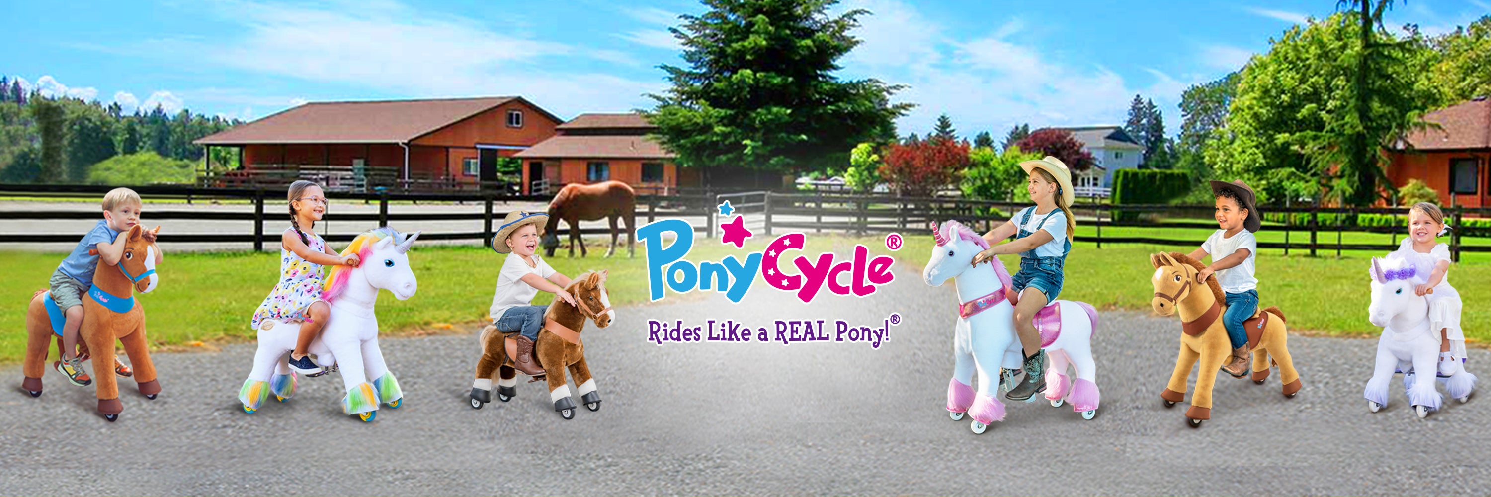 Children playing with toy ponies in a field with 'PonyCycle' branding.