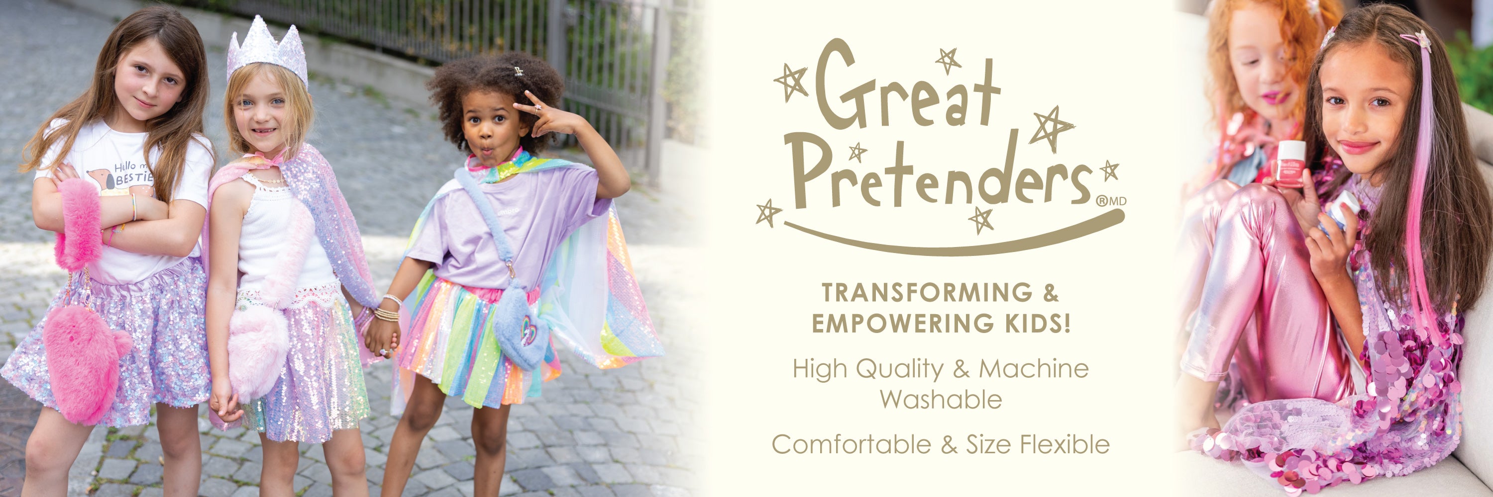 Children in colorful dresses with 'Great Pretenders' branding on a white background