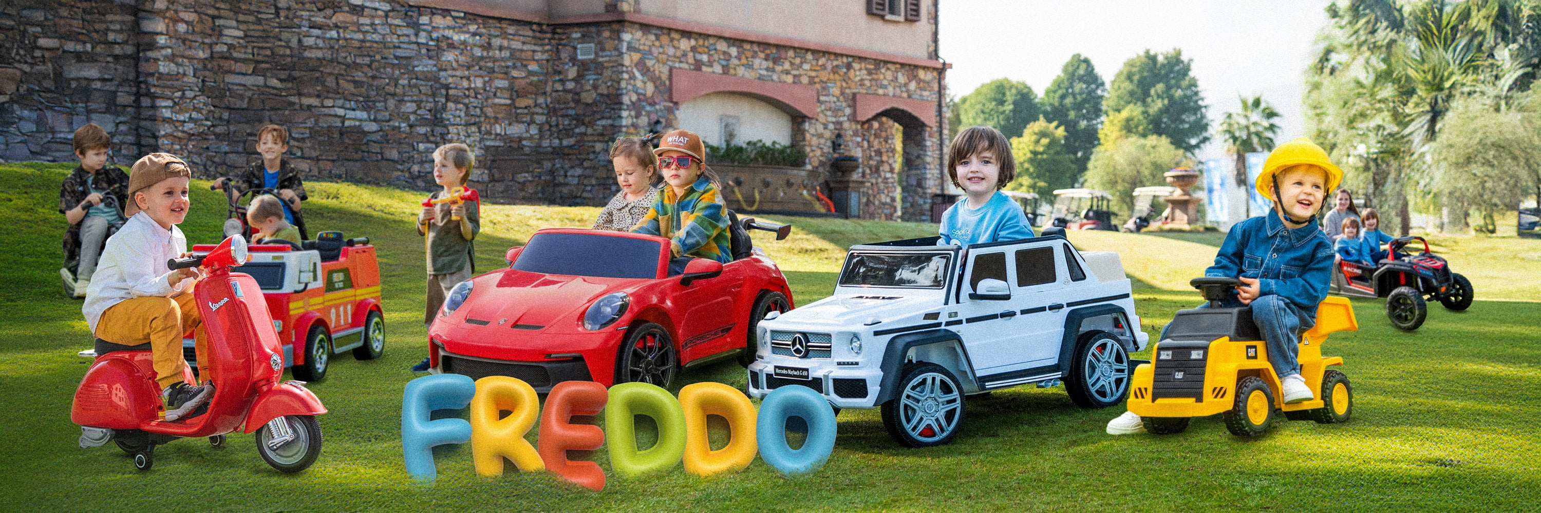 Children playing with toy cars and motorcycles in a park, with 'Freddy' branding.