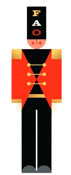 Illustration of a toy soldier with 'FAO' on a black background