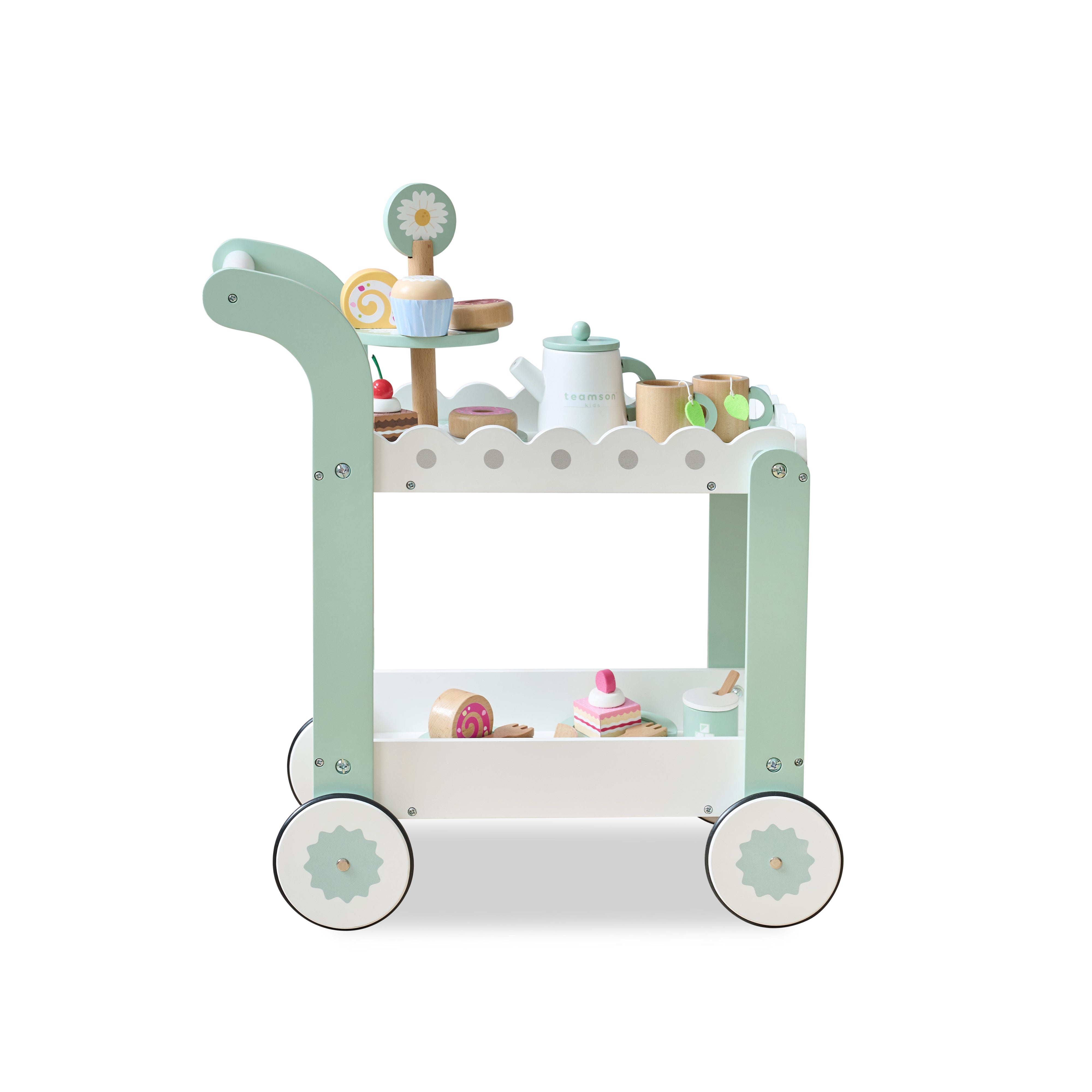 Teamson Kids - Afternoon Sip Wood Dessert Cart with 21 Pieces & Rotatable Wheels - Preschool