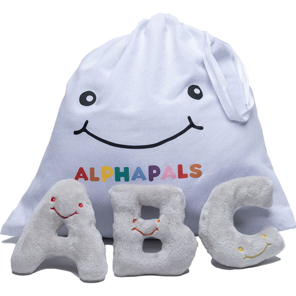 AlphaPals - Alphabet Mini Plush Set - Dove Grey Letters with White Drawstring Bag - Plush