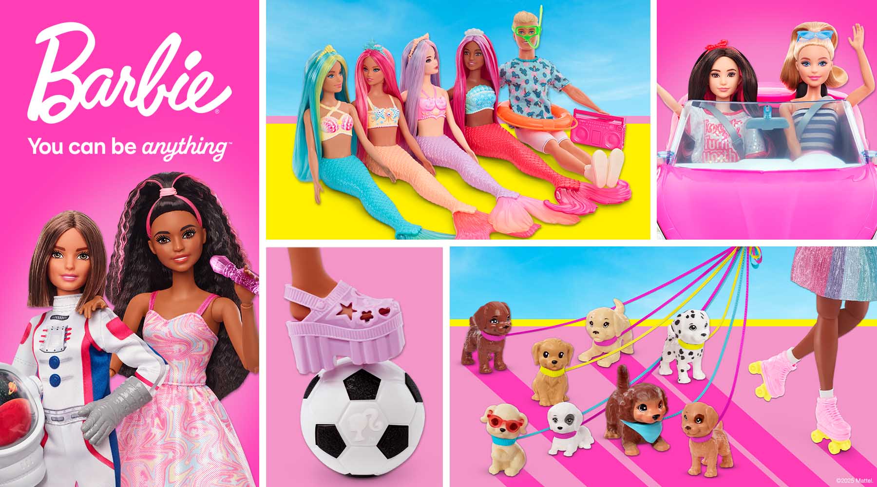 Collage of Barbie dolls and accessories with 'You can be anything' text.
