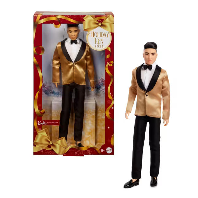 Barbie - Barbie Signature 2025 Holiday Black Hair Ken Collectible Fashion Doll Wearing Full Suit With Golden Jacket - World of Barbie