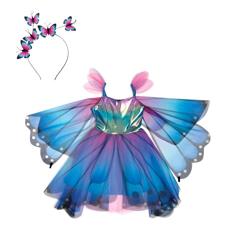 Great Pretenders - Blue Butterfly Twirl Dress & Wings - Size 5-6 Years - Dress up