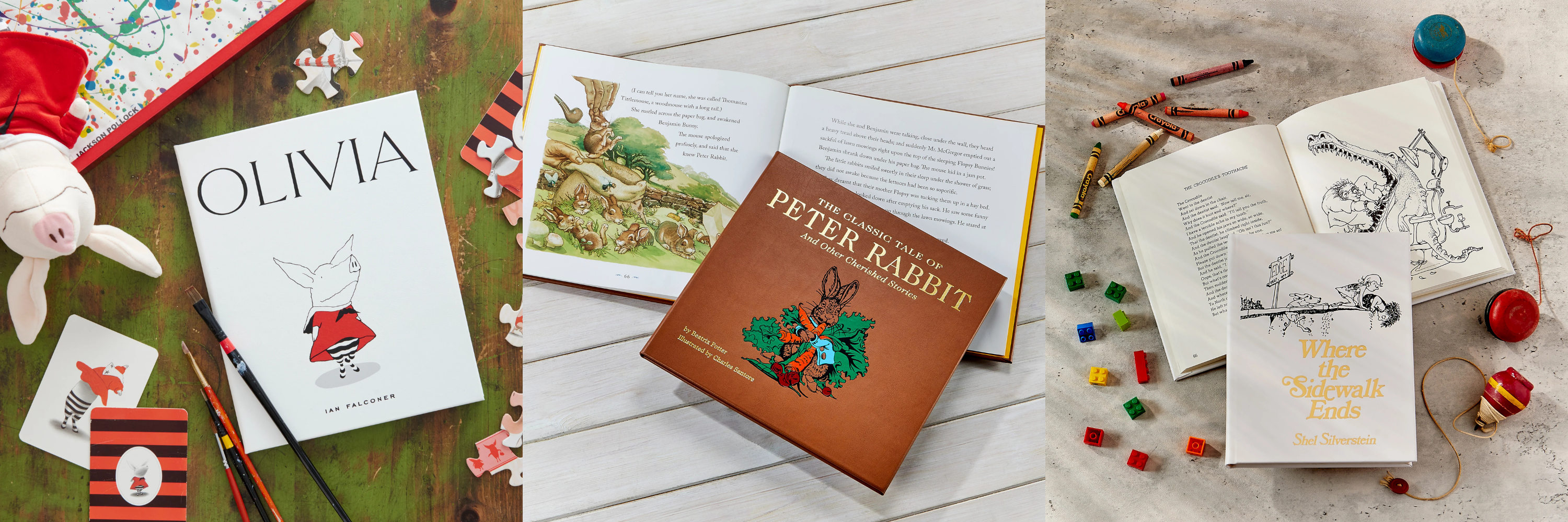 Three children's books with illustrations and text, including 'Olivia' and 'Peter Rabbit'.