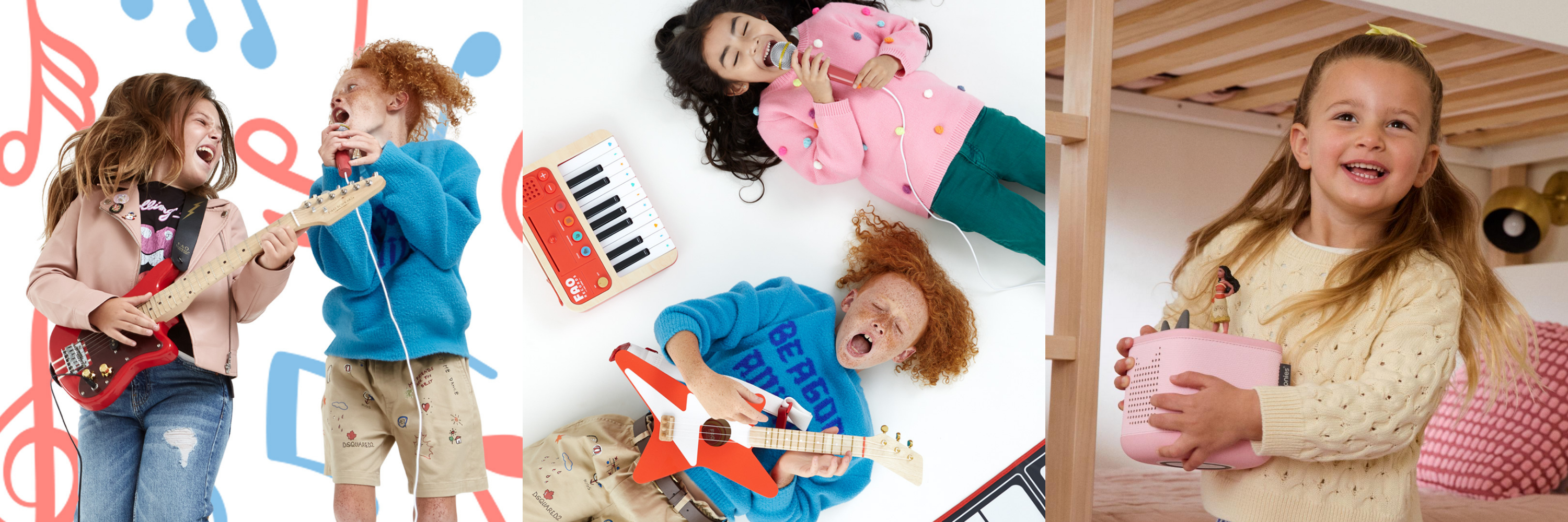 Children playing musical instruments and toys in a playful setting