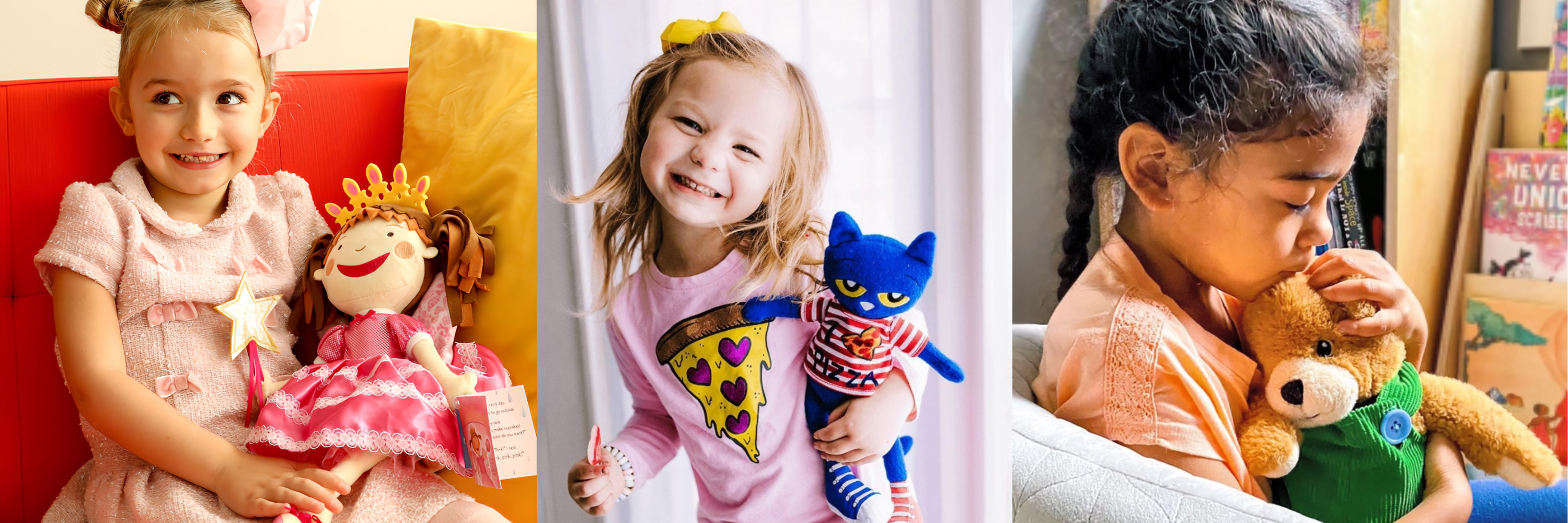 Three children with their toys: a girl with a doll, a child with a superhero costume, and another child with a teddy bear.