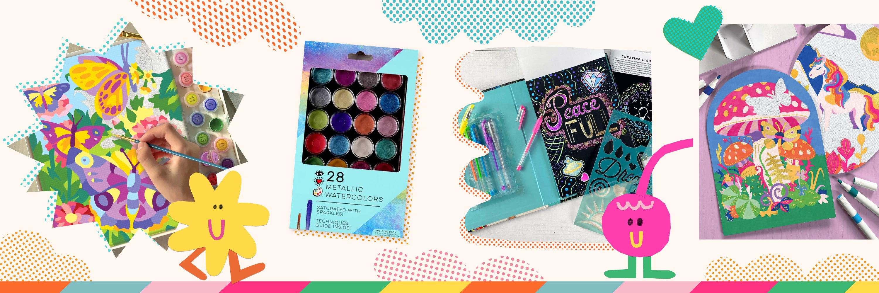 Colorful stationery items including a notebook, stickers, and a backpack on a multicolored background.