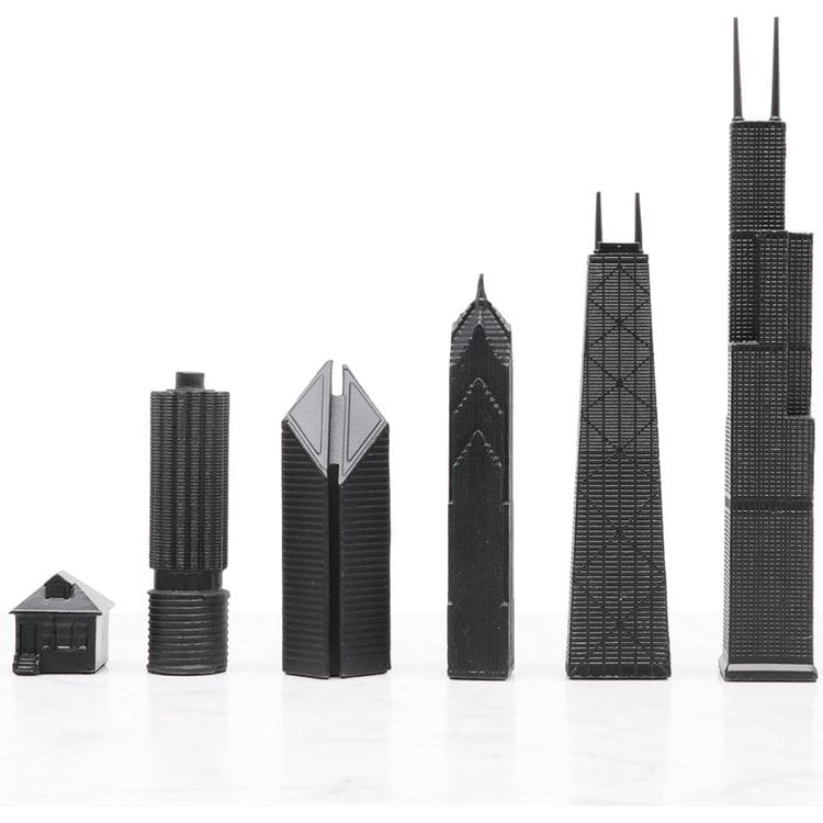 Skyline Chess - Chicago Edition Stainless Steel Chess Set with Marble Hatch Board - Games