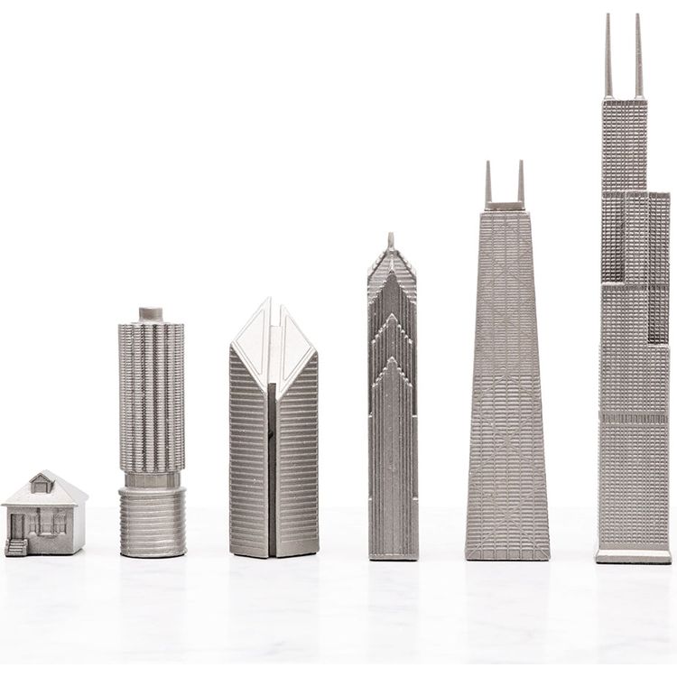 Skyline Chess - Chicago Edition Stainless Steel Chess Set with Marble Hatch Board - Games