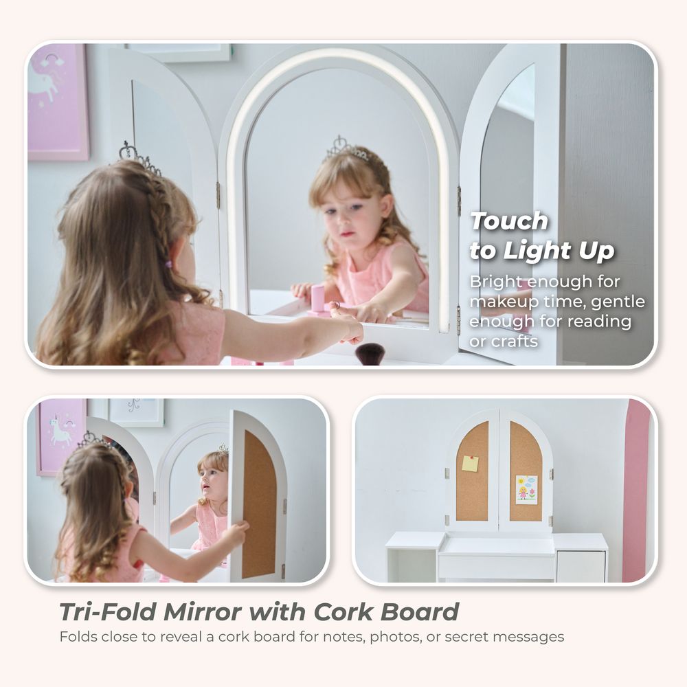 Teamson Kids - Deluxe Glow Wooden Vanity Desk with LED Lights & Cork Panels - Room Decor