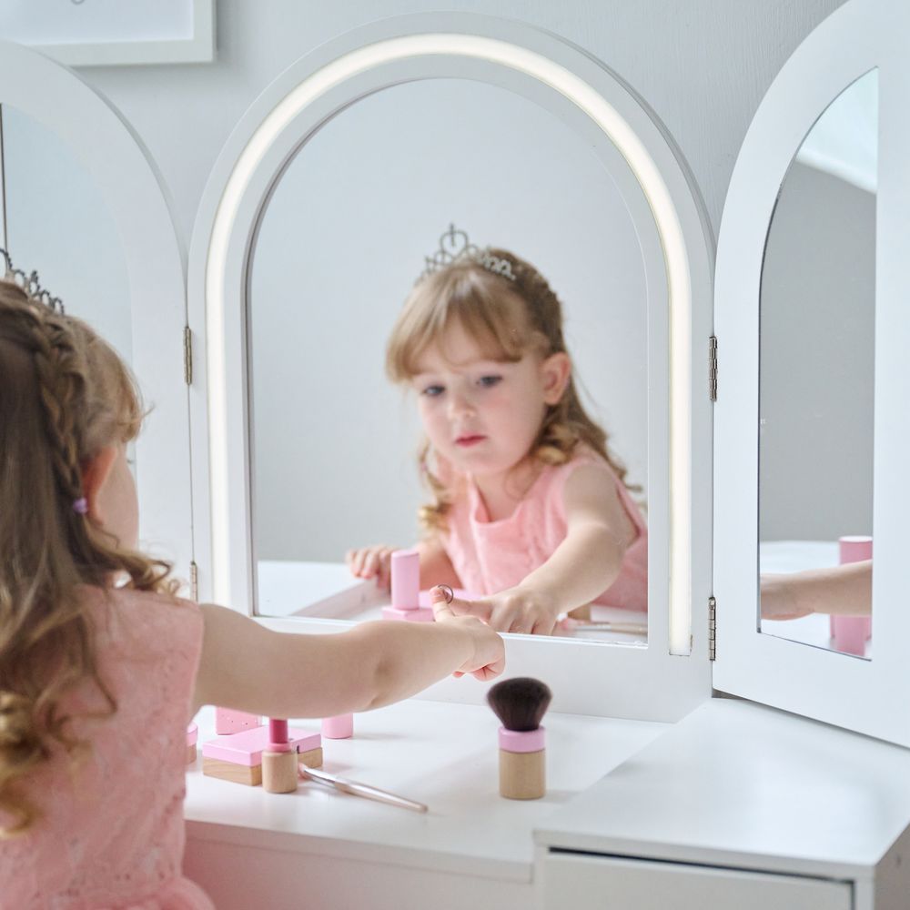 Teamson Kids - Deluxe Glow Wooden Vanity Desk with LED Lights & Cork Panels - Room Decor