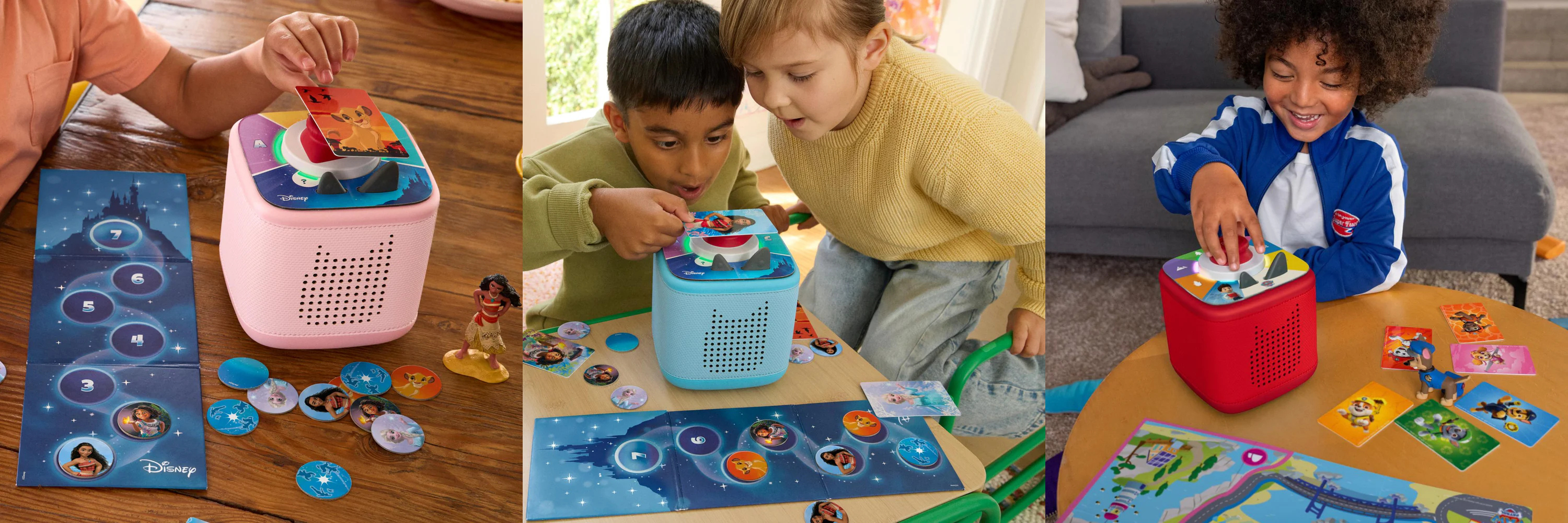 Children playing with educational toys on a wooden floor and table.