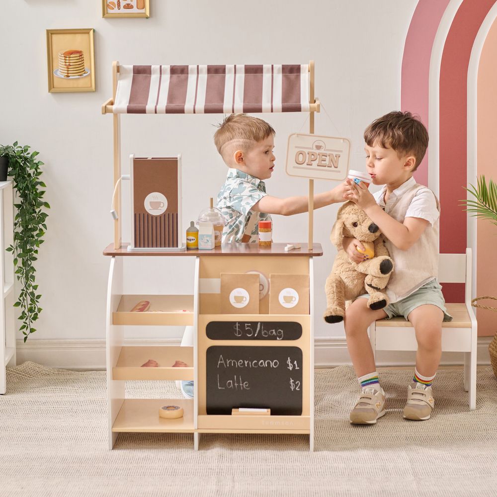 Teamson Kids - Espresso Treats Wooden Coffee Stand with 29 Accessories - Preschool