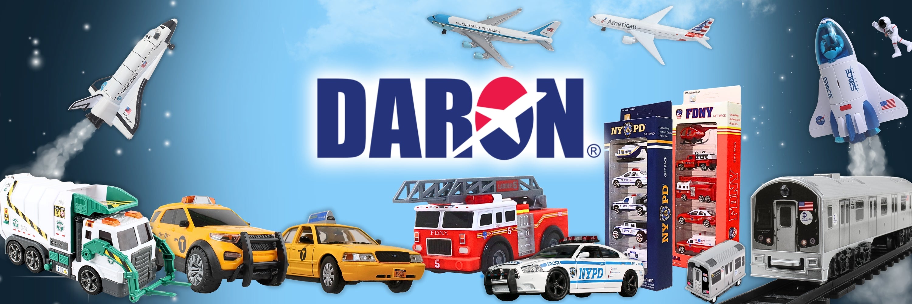 Daron toy vehicles and models on a blue background with space-themed elements.