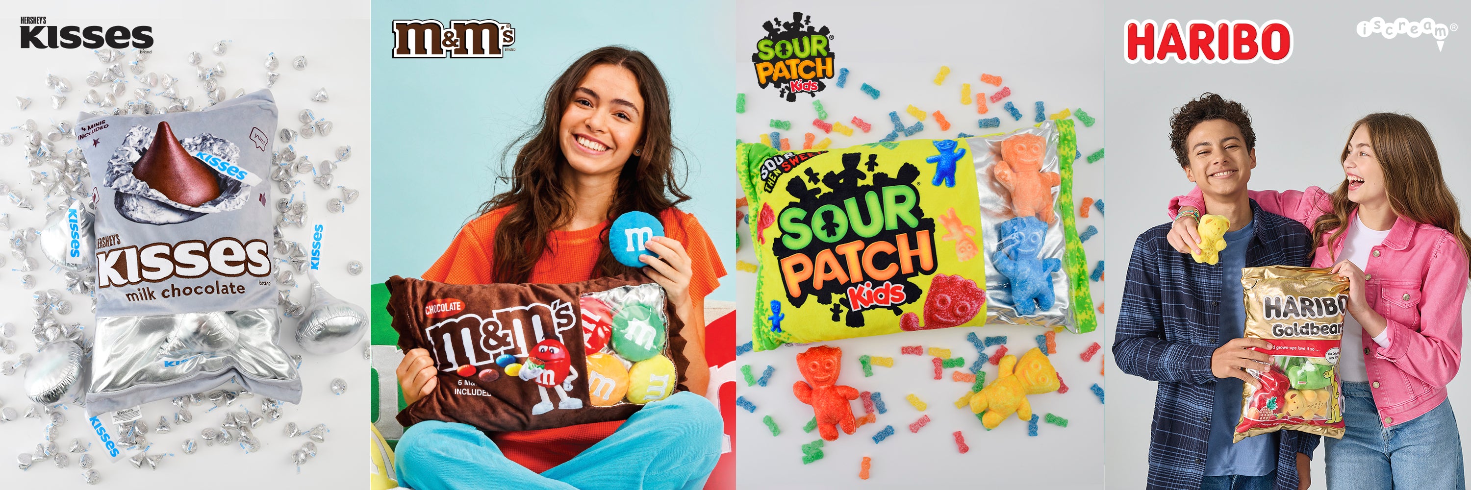 Promotional banner featuring various candy brands with product packaging and people holding them.