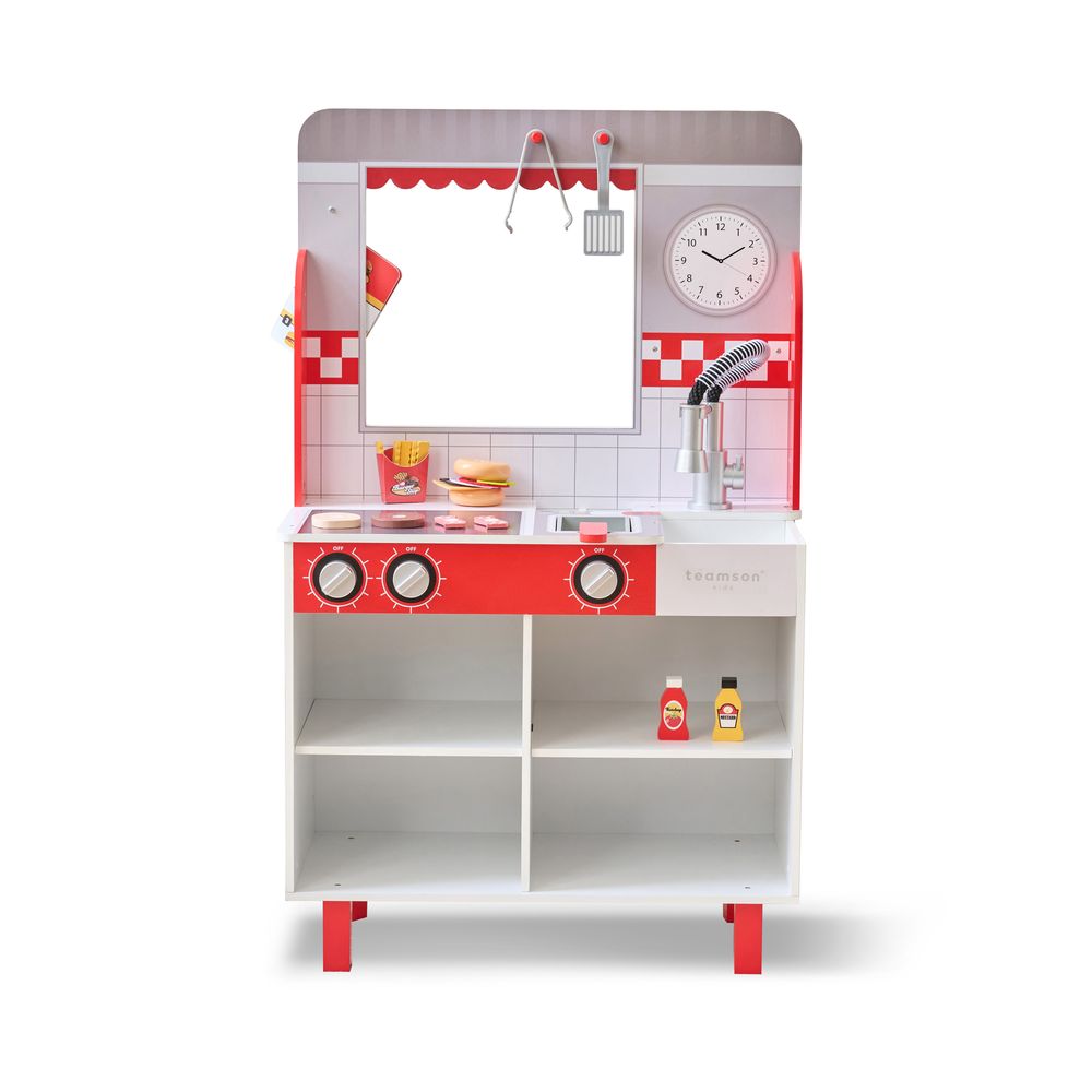 Teamson Kids - Flip & Fry Wooden Burger Shop with 29 Pcs Accessories - Preschool