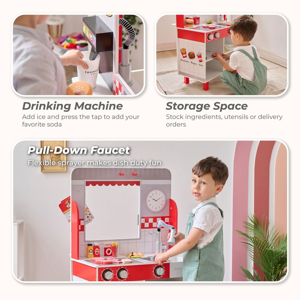 Teamson Kids - Flip & Fry Wooden Burger Shop with 29 Pcs Accessories - Preschool