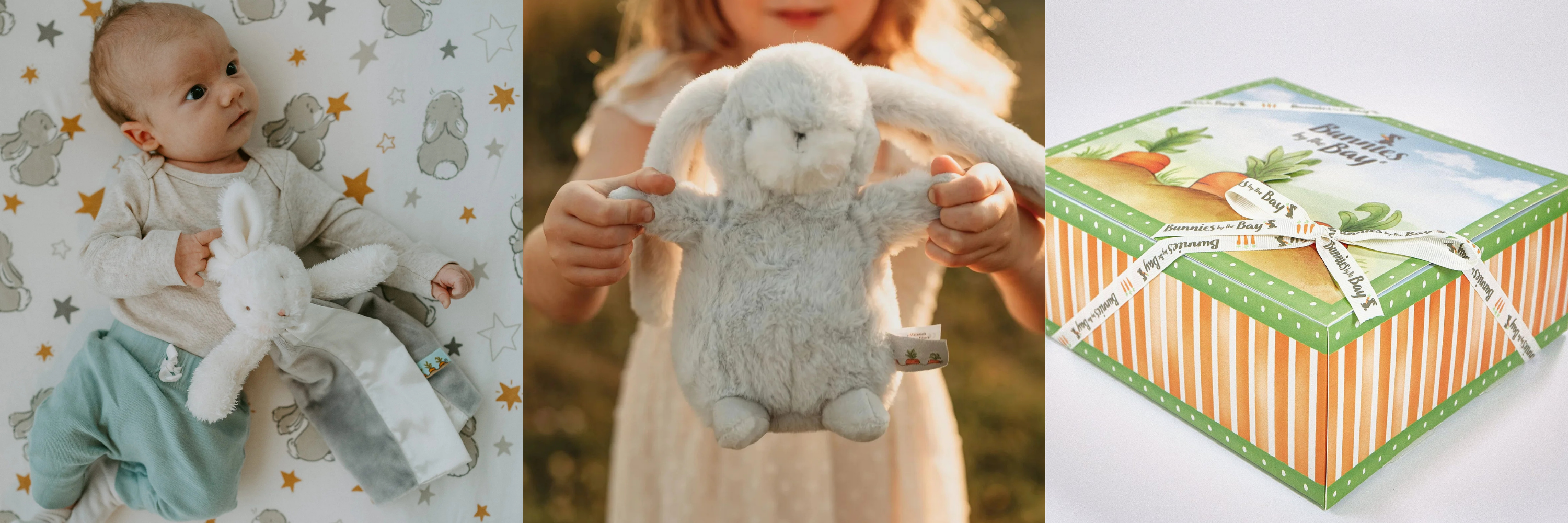 Collage of a baby holding a plush toy, a child holding a plush toy, and a gift box with a bow.
