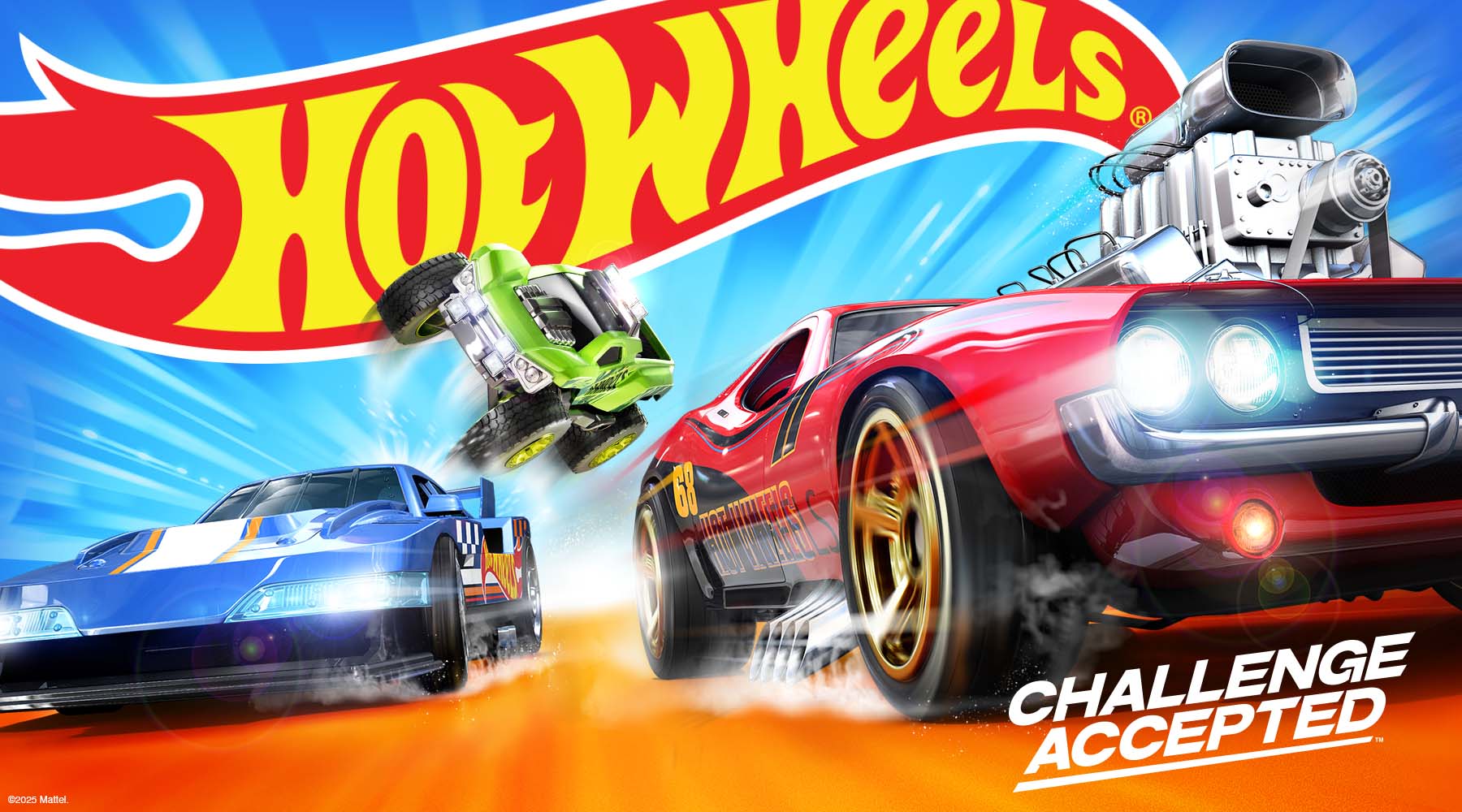 Hot Wheels promotional graphic with racing cars and 'Challenge Accepted' text.