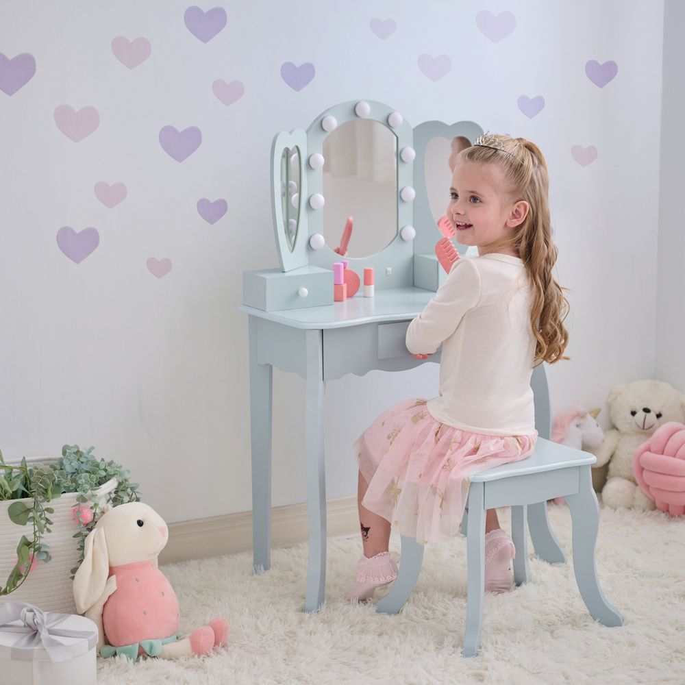 Teamson Kids - Heart Glow Wooden Vanity Set with LED Lights Mirror & Stool - Blue - Room Decor