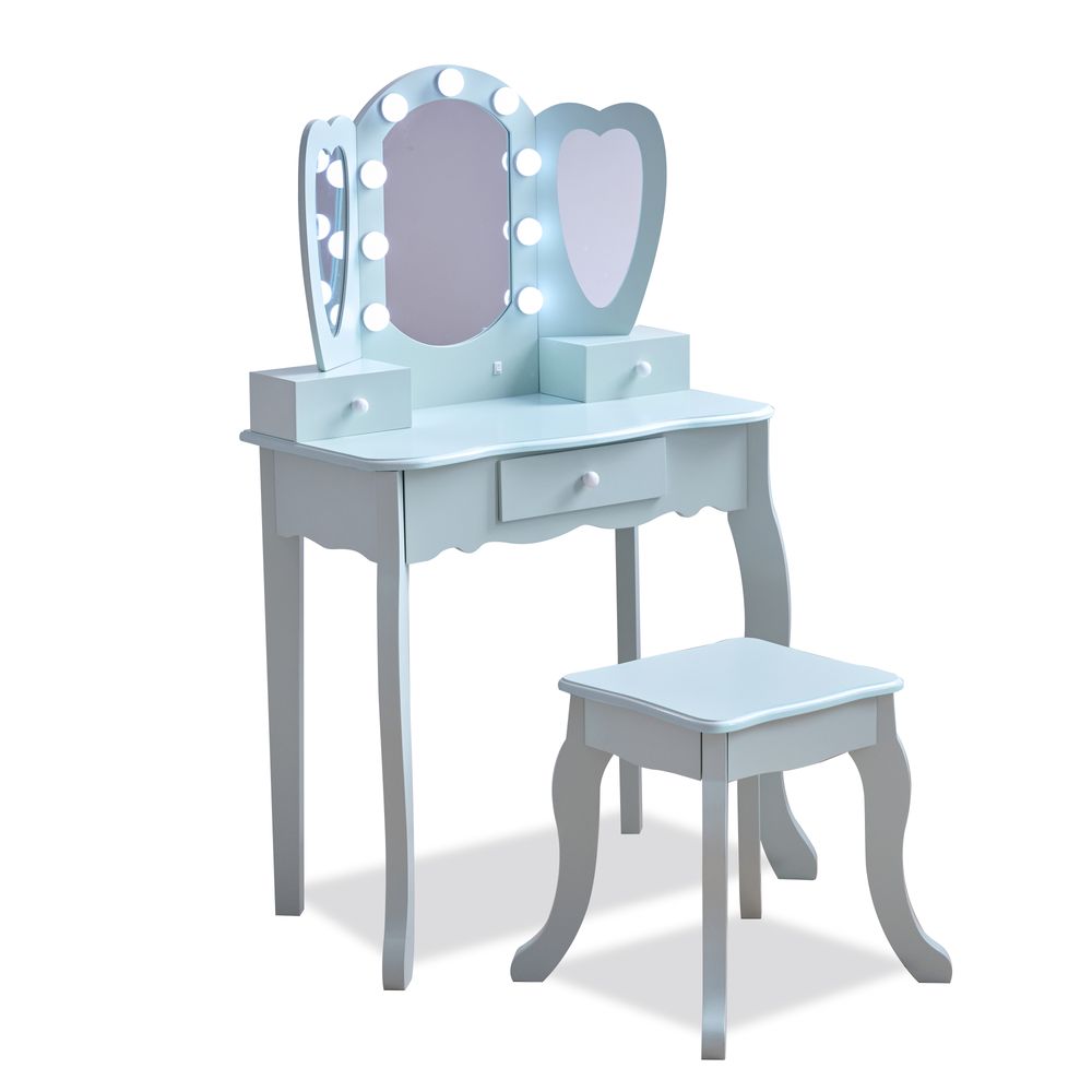 Teamson Kids - Heart Glow Wooden Vanity Set with LED Lights Mirror & Stool - Blue - Room Decor