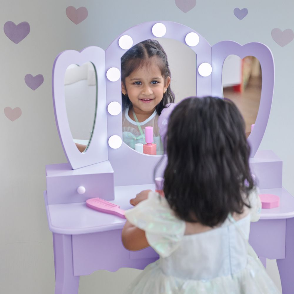 Teamson Kids - Heart Glow Wooden Vanity Set with LED Lights Mirror & Stool - Purple - Room Decor