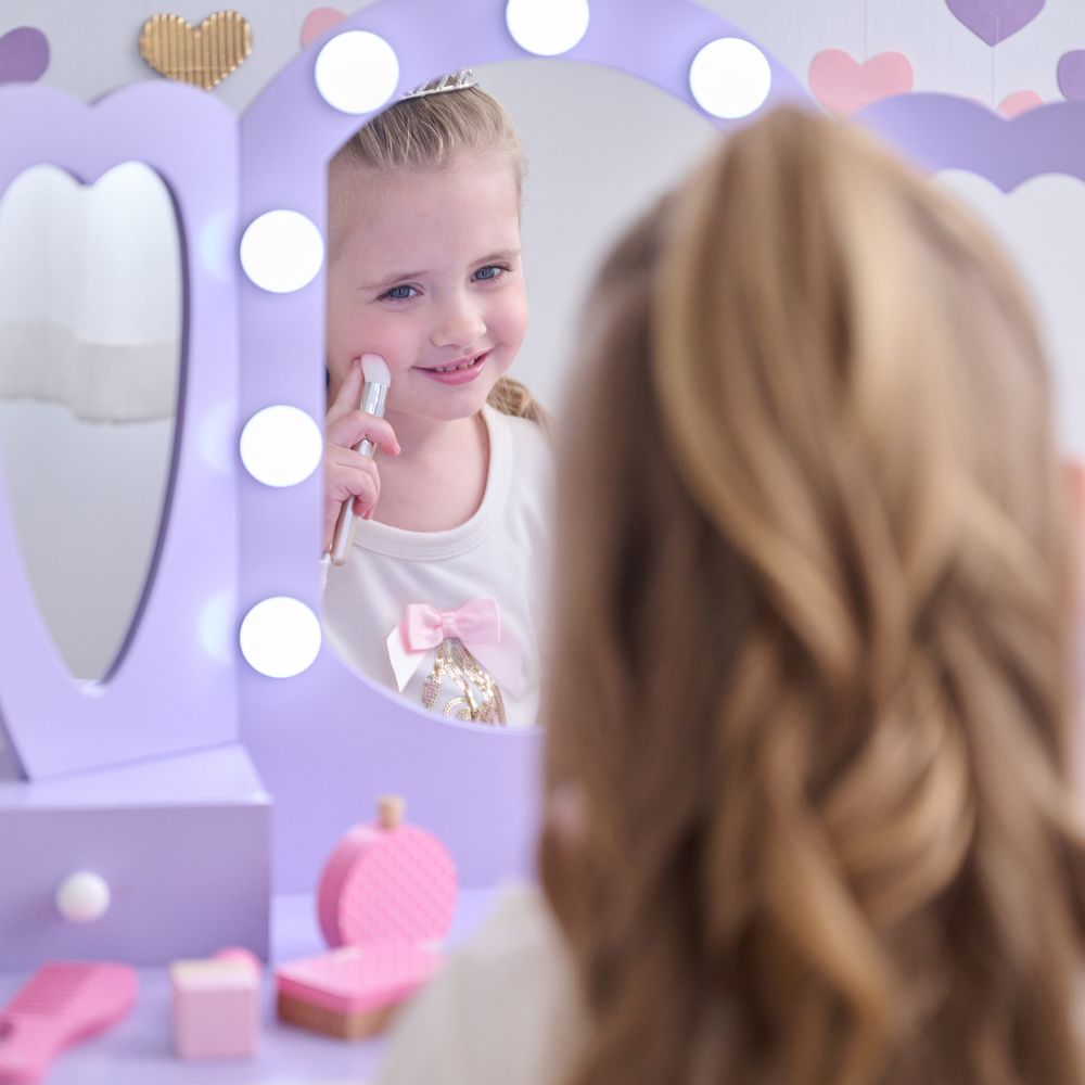Teamson Kids - Heart Glow Wooden Vanity Set with LED Lights Mirror & Stool - Purple - Room Decor