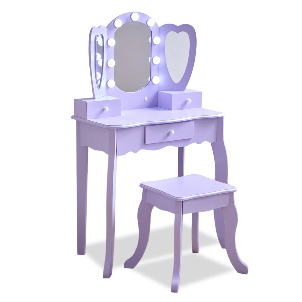 Teamson Kids - Heart Glow Wooden Vanity Set with LED Lights Mirror & Stool - Purple - Room Decor