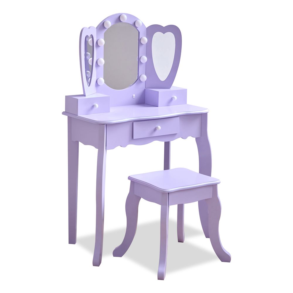 Teamson Kids - Heart Glow Wooden Vanity Set with LED Lights Mirror & Stool - Purple - Room Decor