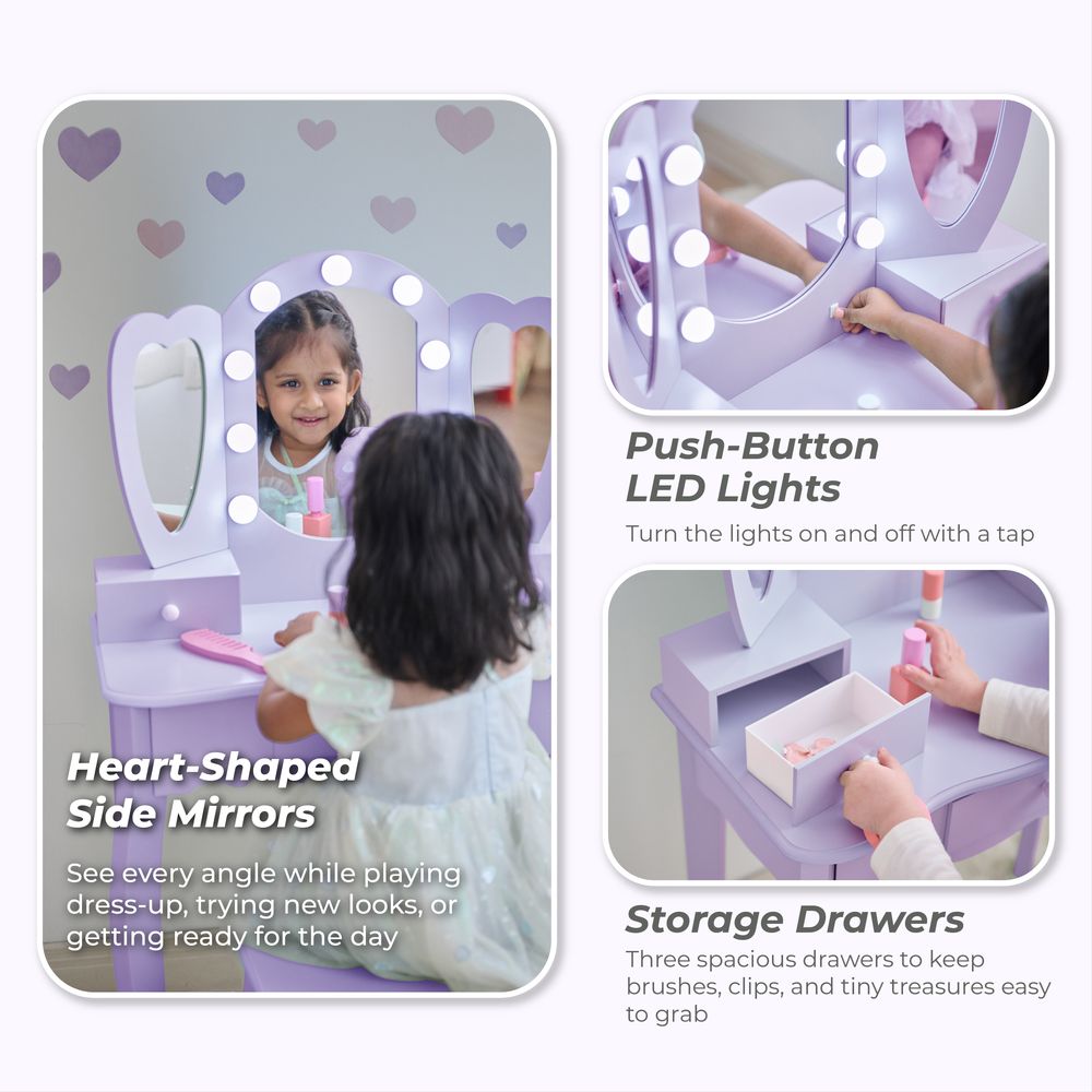 Teamson Kids - Heart Glow Wooden Vanity Set with LED Lights Mirror & Stool - Sage Green - Room Decor