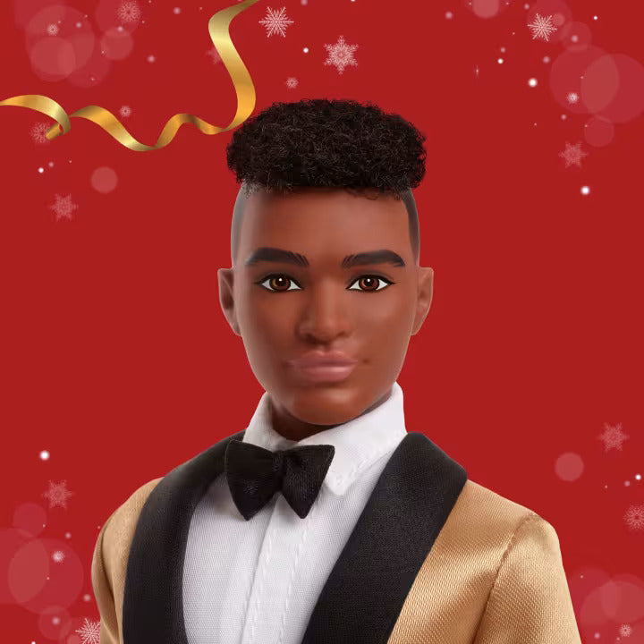 Barbie Signature 2025 Holiday Dark Brown Hair Ken Collectible Fashion Doll Wearing Full Suit With Golden Jacket