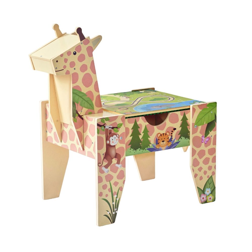 Teamson Kids - Jungle Giraffe 2-in-1 Wooden Activity Table + 23 Accessories & 1 Car - Preschool