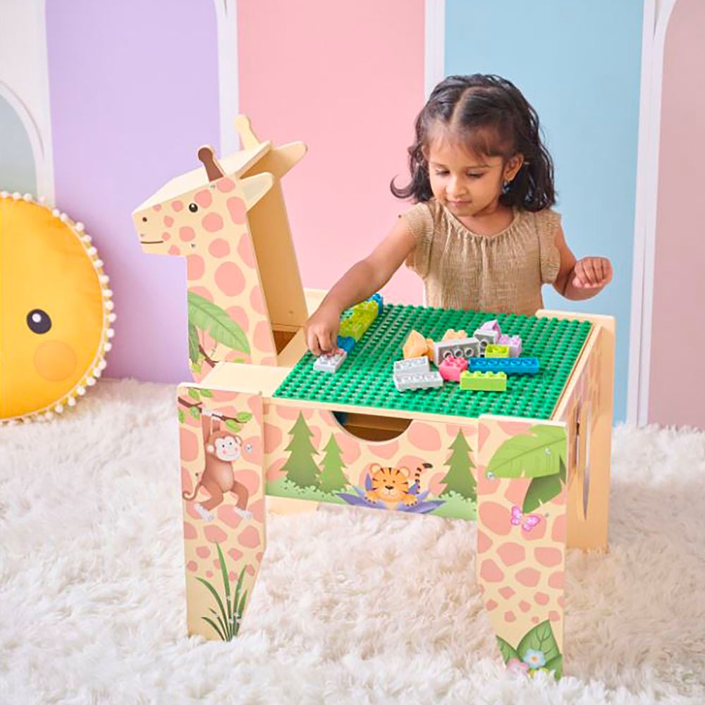 Teamson Kids - Jungle Giraffe 2-in-1 Wooden Activity Table + 23 Accessories & 1 Car - Preschool