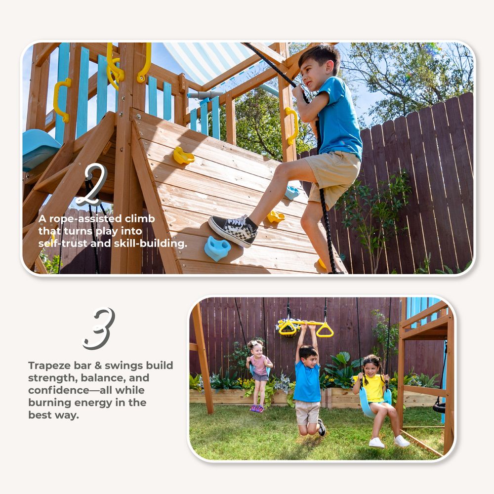 Teamson Kids - Laguna Wooden Swing Set with Slide & Rock Wall - Aqua & Natural - Outdoor
