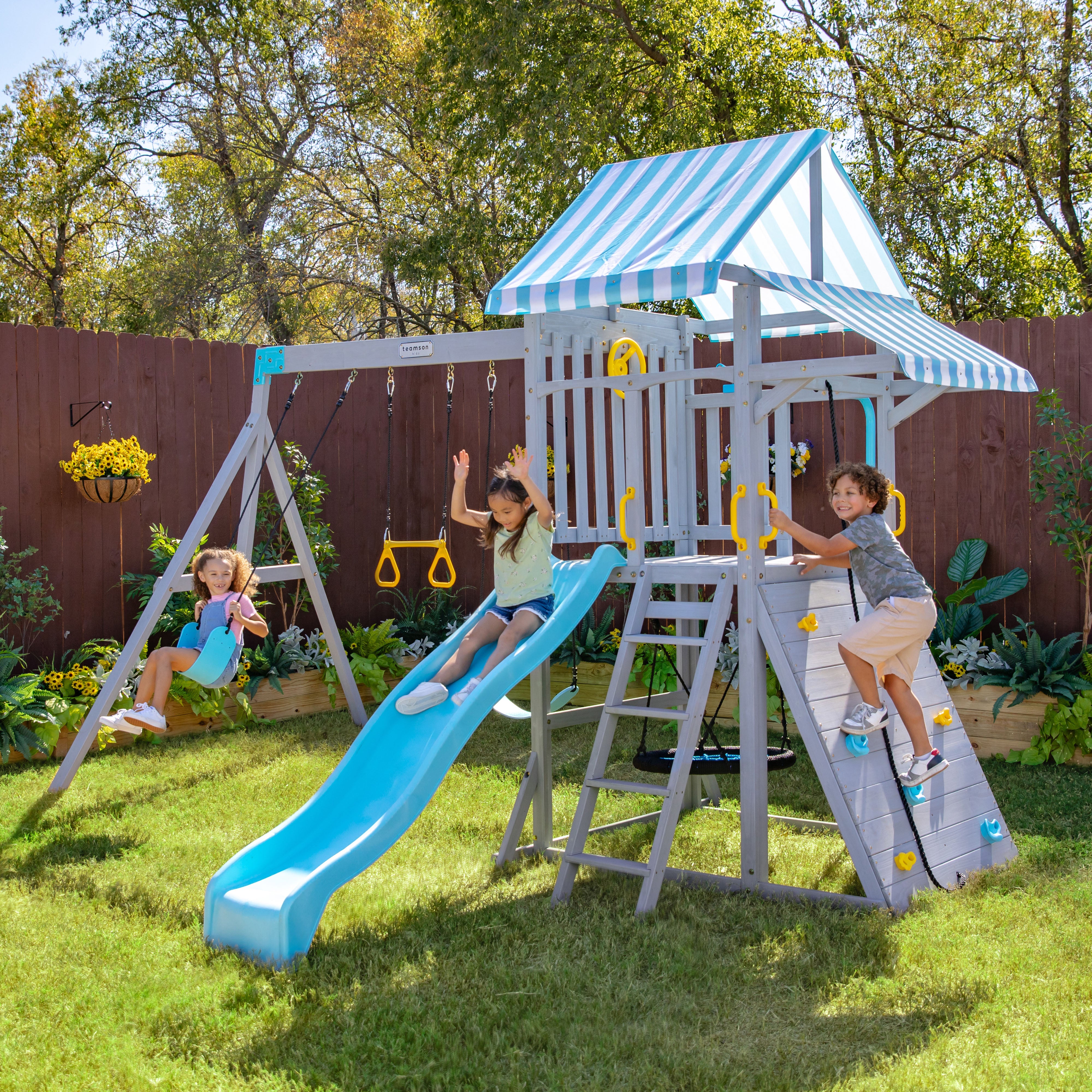 Teamson Kids - Laguna Wooden Swing Set with Slide & Rock Wall - Gray - Outdoor