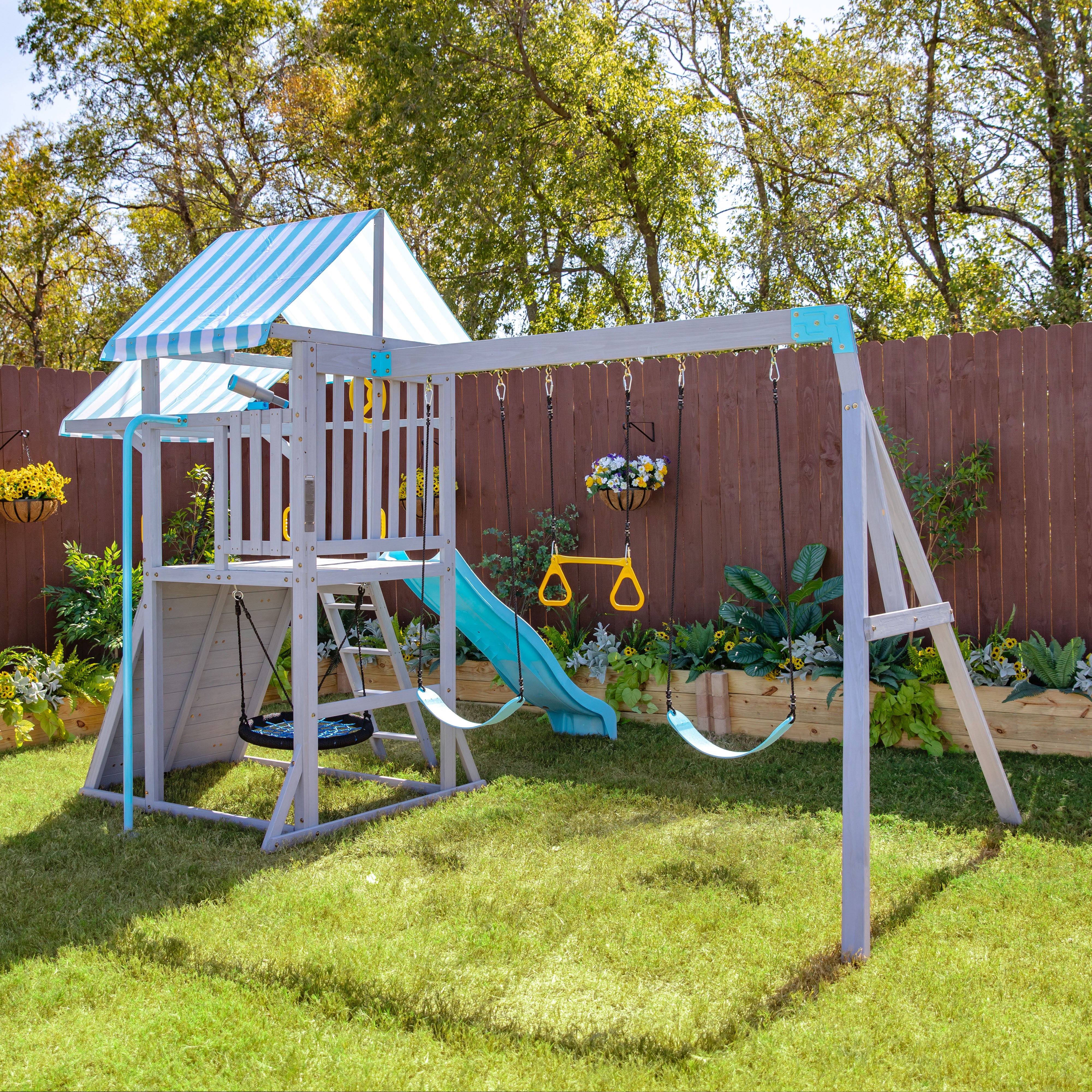 Teamson Kids - Laguna Wooden Swing Set with Slide & Rock Wall - Gray - Outdoor