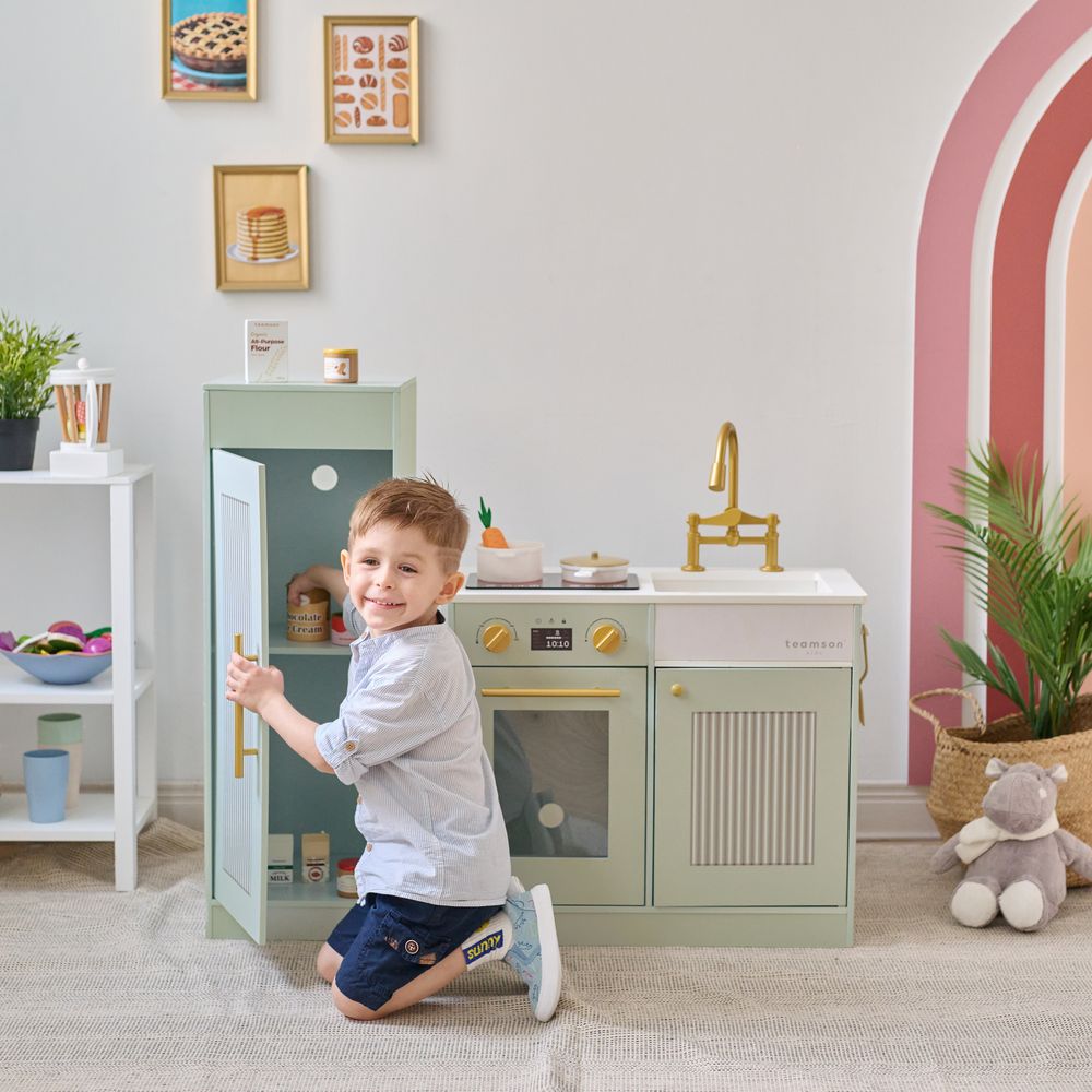 Teamson Kids - Little Chef Chester Wooden Play Kitchen with Large Fridge & Sink - Green - Preschool