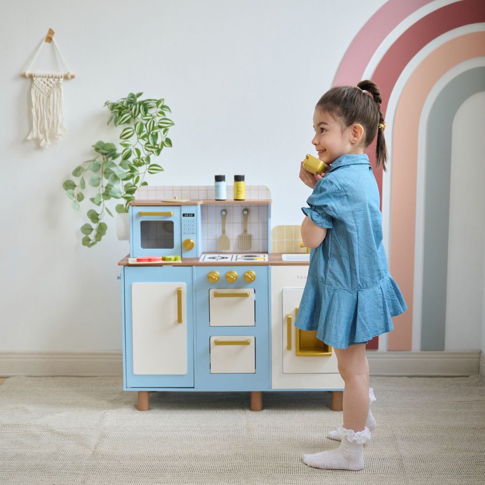 Teamson Kids - Little Chef Hampton Wooden Play Kitchen with Ice Dispenser & Sink - Blue - Preschool