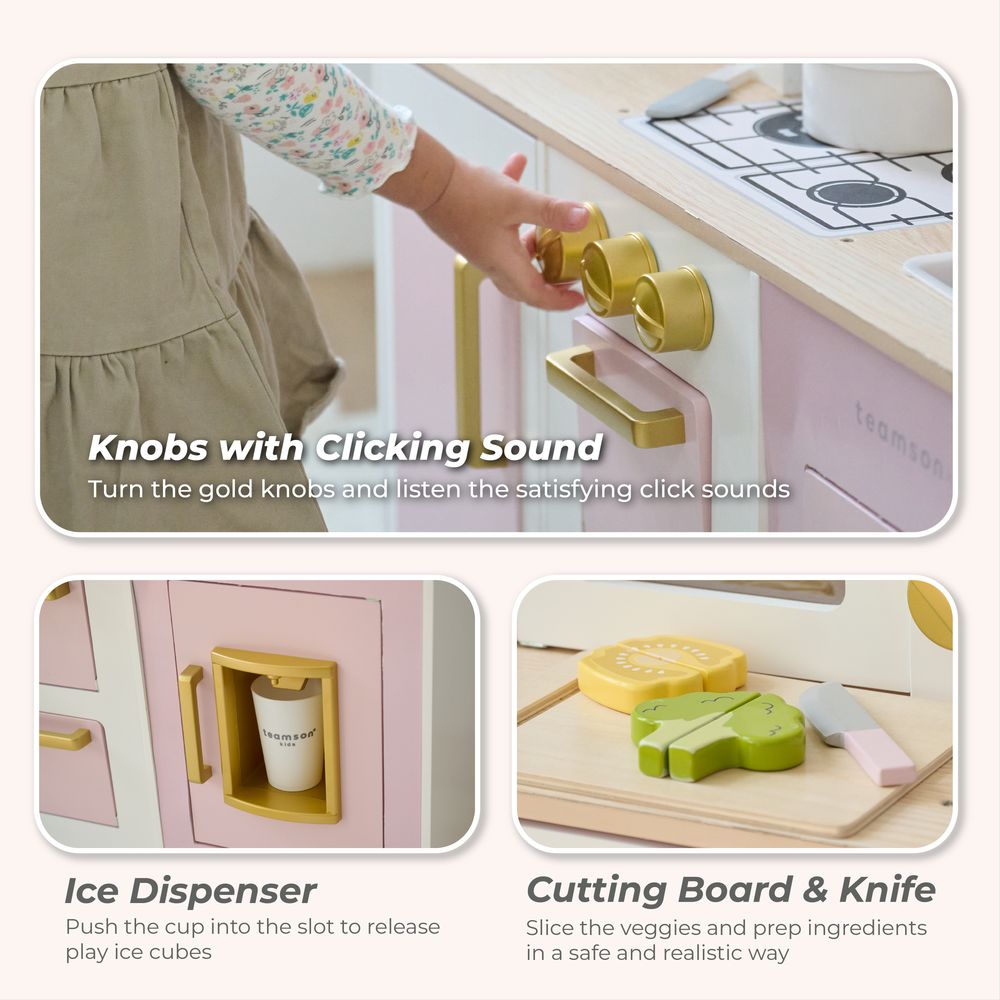 Teamson Kids - Little Chef Hampton Wooden Play Kitchen with Ice Dispenser & Sink - Pink - Preschool