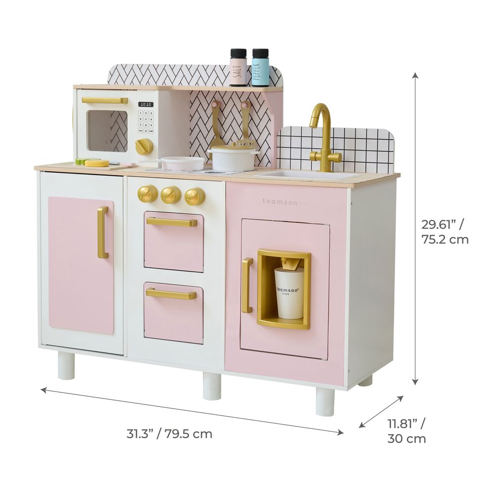 Teamson Kids - Little Chef Hampton Wooden Play Kitchen with Ice Dispenser & Sink - Pink - Preschool