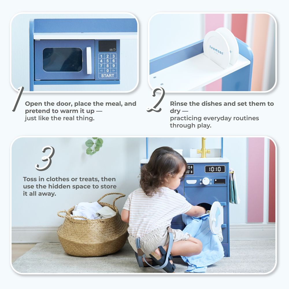 Teamson Kids - Little Chef Lake Tahoe Wooden Play Kitchen Washer & Mini Garden - Blue - Preschool